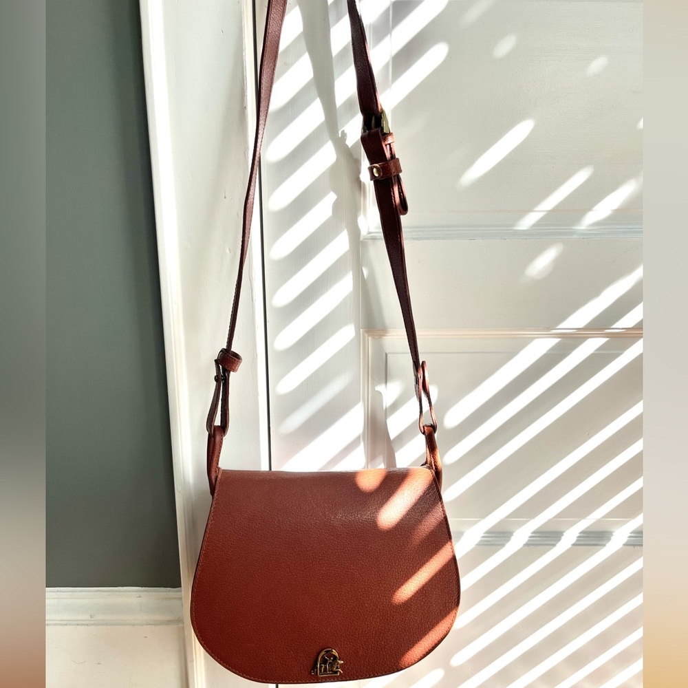 Vintage Ralph Lauren Leather Saddle Crossbody Bag with Brass Polo Player Clasp